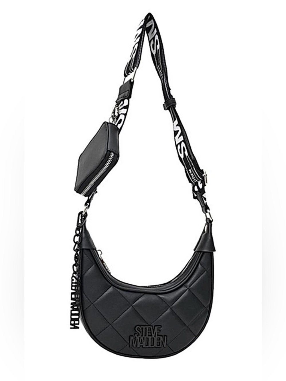 Steve Madden Black Quilted Crescent Shoulder Bag with Logo Strap